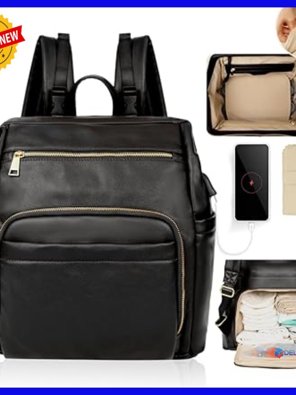 Large Leather Diaper Backpack with 18 Pockets, USB Port, Changing Pad